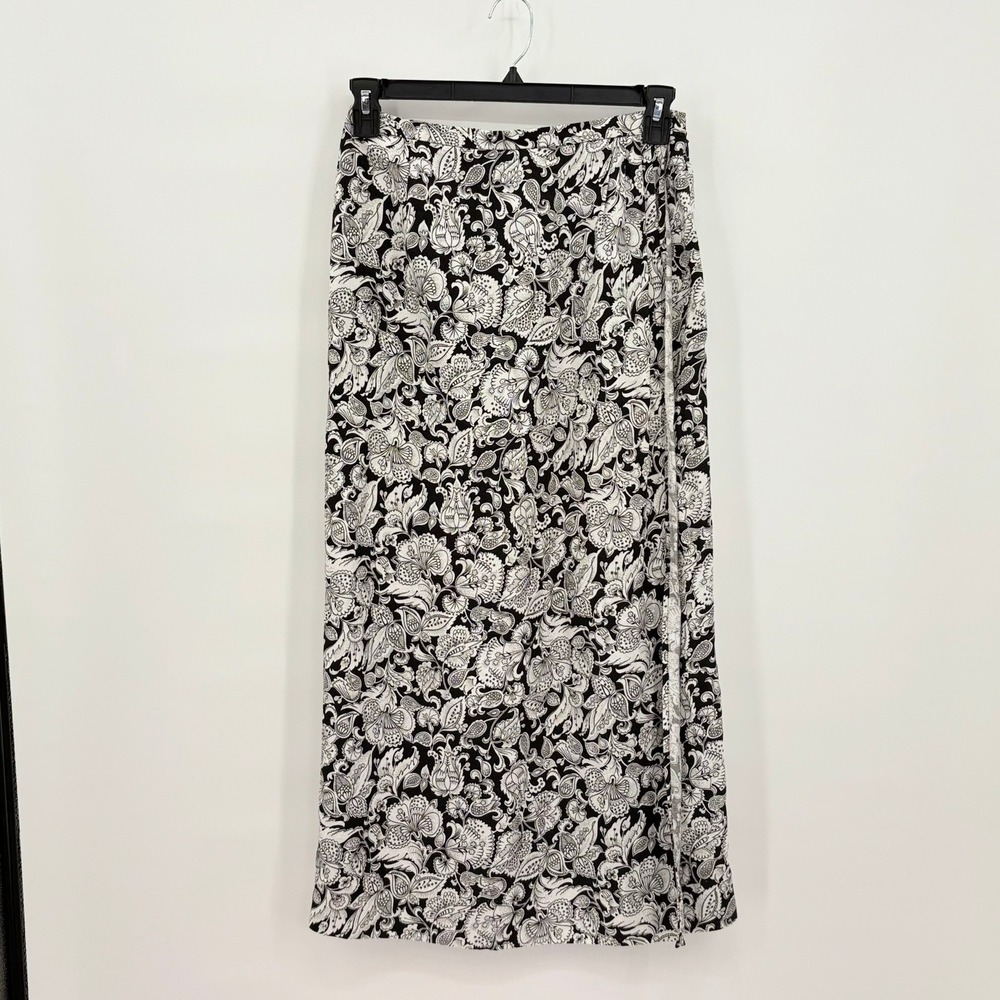 Talbots Vintage Black White Floral Paisley Linen Blend Maxi Skirt Size 8 USA